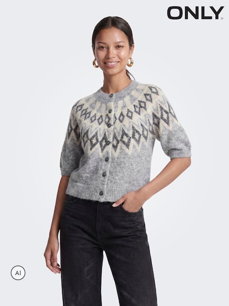 Grey - Only Fair Isle Short Sleeve Cardigan