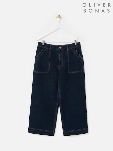 Blue - Oliver Bonas Denim Scalloped Pocket Cropped Wide Leg Jeans