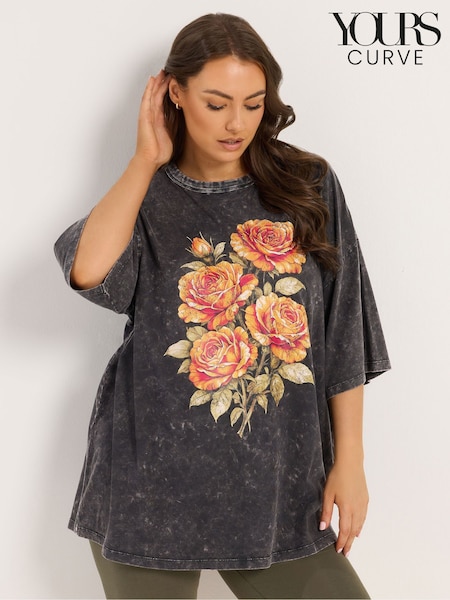 Grey - Yours Curve Placement Acid Wash Rose Boxy T-shirt