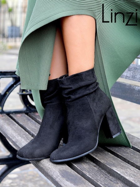 Linzi Black Mila Faux Suede Ruched Square Toe Block Heel Boots (160387) | €56