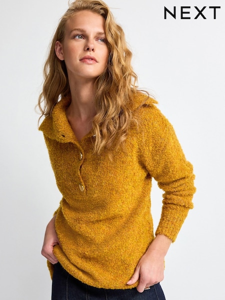 Ochre Yellow Bouclé Button Neck Jumper (160955) | AED30