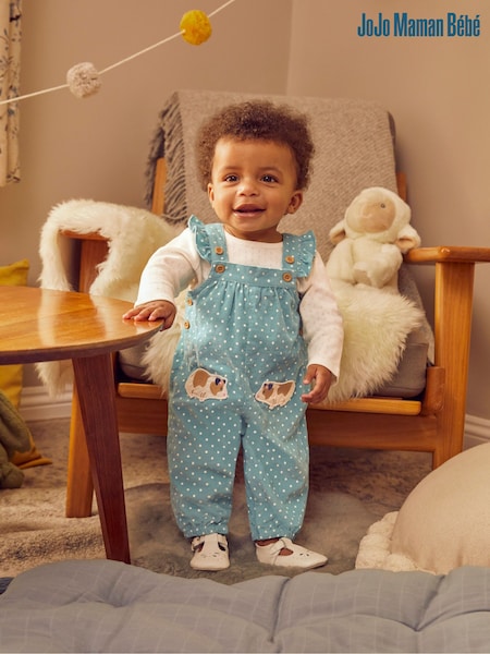 JoJo Maman Bébé Duck Egg Blue Guinea Pig Appliqué Cord Dungarees & Top Set (161612) | R$ 290