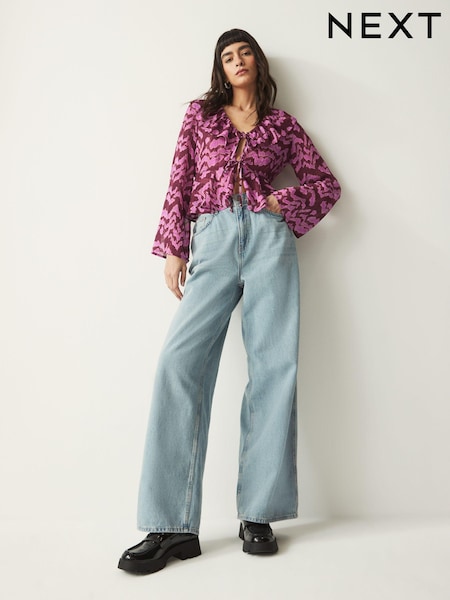 Розовый/красный - Tie Front Ruffle Long Sleeve Blouse (161743) | €13
