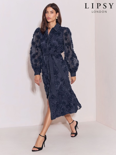 Navy - Lipsy Long Sleeve Floral 3d Texture Fit And Flare Shirt Dress