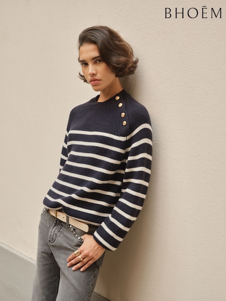 Navy/White - Golden Buttons Stripes Knit Jumper With Wool