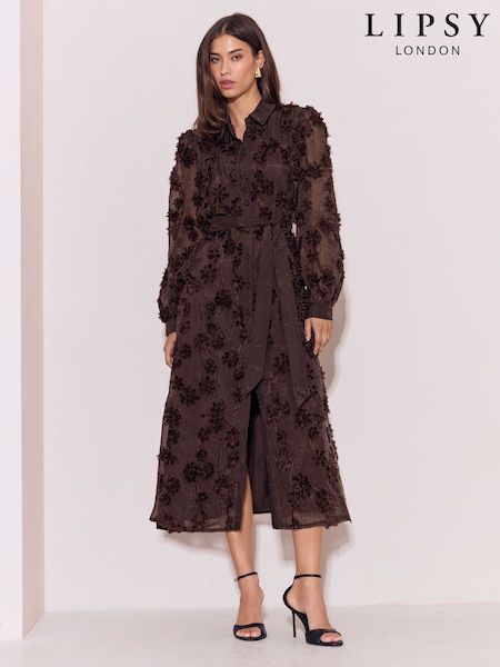 Chocolate Brown - Lipsy Long Sleeve Floral 3d Texture Fit And Flare Shirt Dress