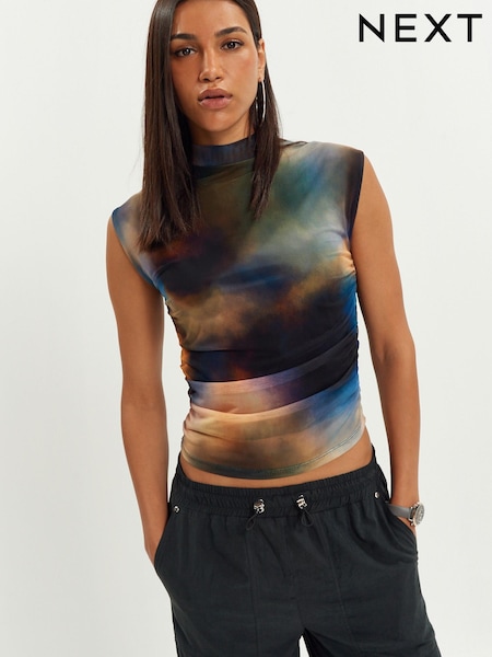 Mehrfarbig/Verwischter Print/Netzstoff - Ärmellos High Neck Top (163255) | 7 €