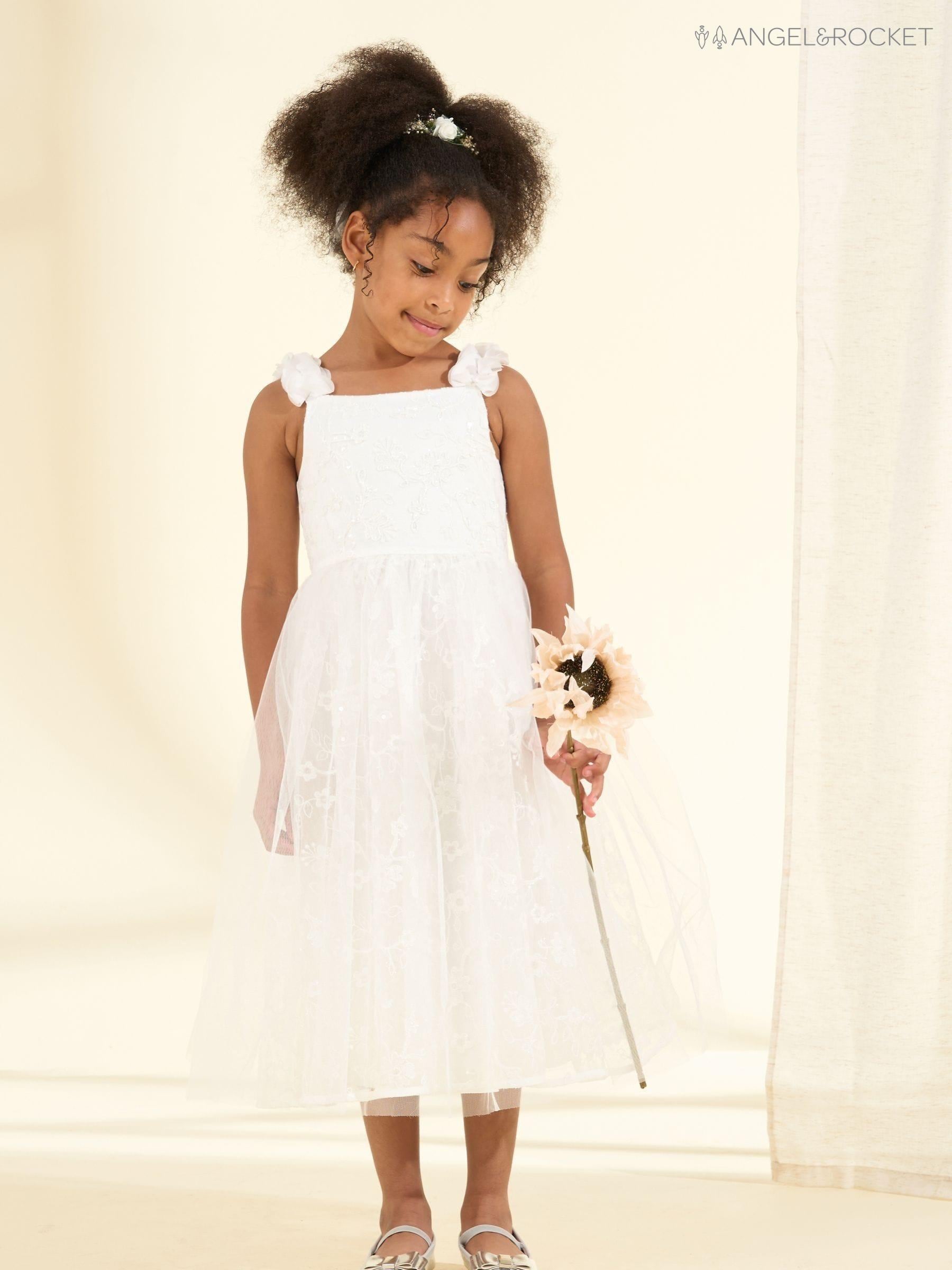 White sparkly flower girl dresses store