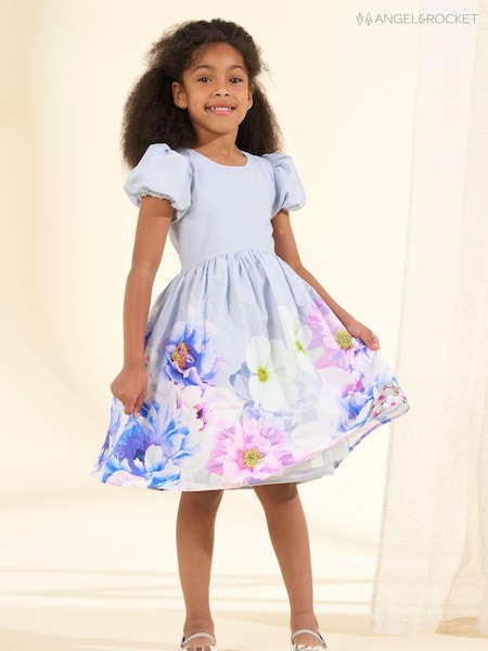 Angel & Rocket Purple Anna Mint Border Print Puff Sleeve 100% Cotton Dress (163790) | €73 - €83