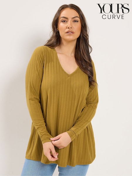 Yellow - Yours Curve Plunge Neck Ribbed Swing T-shirt