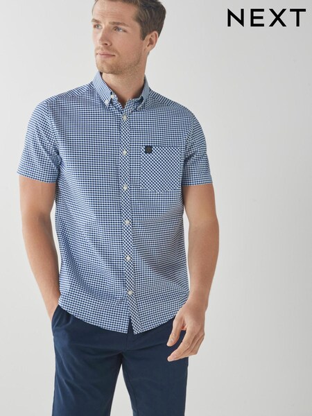 Navy Blue/White Short Sleeve Gingham Stretch Oxford Shirt (165700) | €14