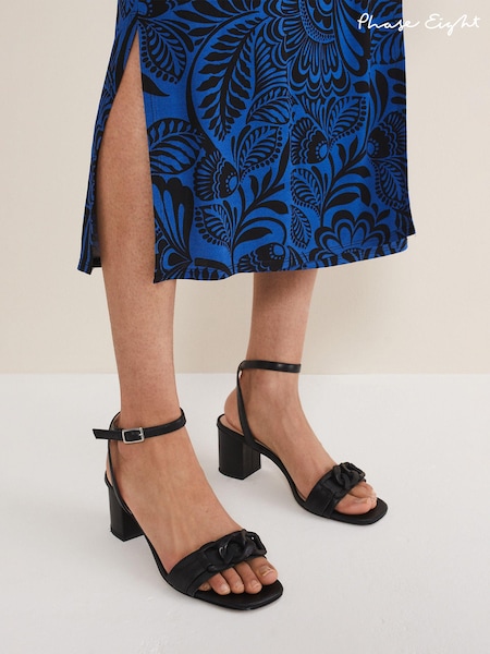 Phase Eight Black Leather Chain Trim Block Heel Sandals (165793) | €63