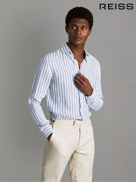 Reiss Soft Blue Herringbone Stripe Ruban Linen Button-Through Shirt (166054) | 809 QAR