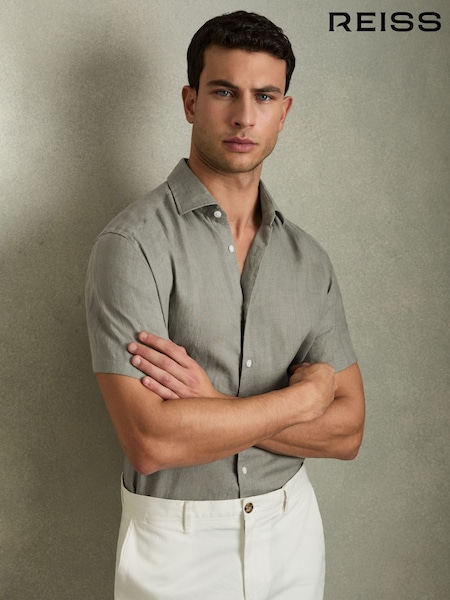 Reiss Pistachio Holiday Slim Fit Linen Button-Through Shirt (166287) | AED634
