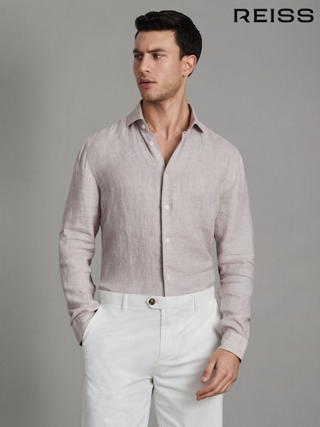 Reiss Oatmeal Puppytooth Ruban Linen Button-Through Shirt (166372) | 809 QAR