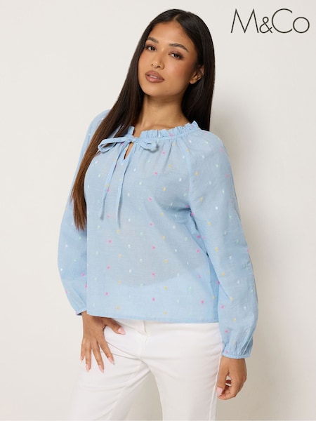 Blau - M&co Petite Dobby Long Sleeve Tie Neck Blouse