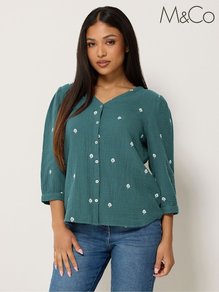 Blue - M&co Petite Floral Embroidered Button Top