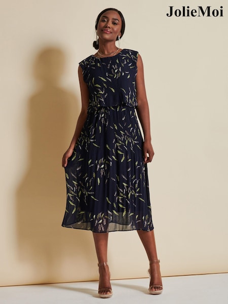 Jolie Moi Blue Chiffon Pleated Overlay Midi Dress (166583) | €43