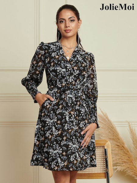 Jolie Moi Blue Shirred Cuff Tie Waist Dress (166648) | €37