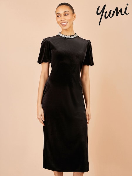 Black - Yumi Velvet Embellised Neckline Midi Dress
