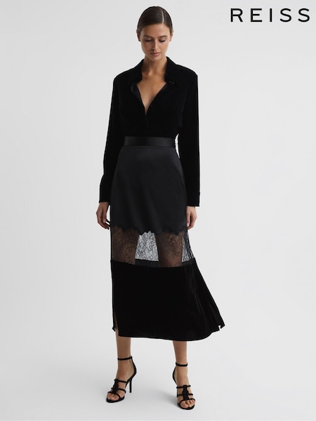 Reiss Black Tilly Fitted Satin-Velvet Midi Skirt (167170) | €261