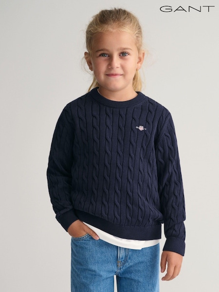 Albastru/Negru - GANT Kids Shield 100% Cotton Cable Knit Pulover Guler rotund (167403) | 250 LEI