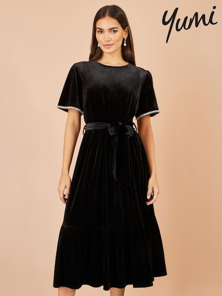 שחור - Yumi Velvet Dress With Embellished Sleeves