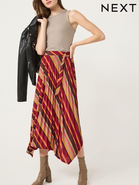 Berry Red Stripe Asymmetric Pleated Midi Skirt (167760) | €9