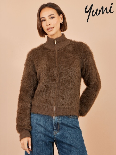 Brown - Yumi Eyelash Zip Knitted Jacket