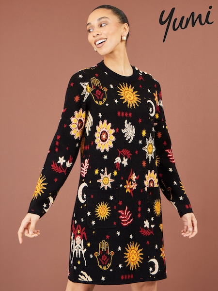 Black - Yumi Cosmic Intarsia Knitted Tunic Dress