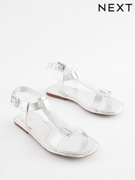 Silver Extra Wide Fit Forever Comfort® Leather T-Bar Sandals (168162) | 54 QAR