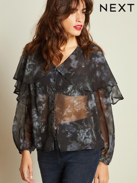 Navy Blue Floral Cape Long Sleeve Blouse (168309) | €12