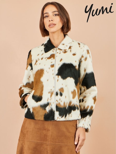 Brown - Yumi Cow Print Faux Fur Zip Jacket