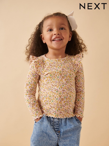 Floral Cotton Rich Long Sleeve Ribbed Frill T-Shirt (3mths-7yrs) (168466) | AED30 - AED41