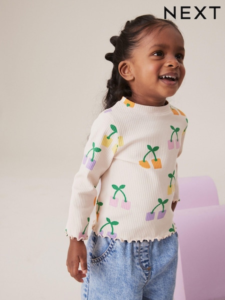 Ecru Rainbow Cherries Cotton Rich Long Sleeve Ribbed High Neck T-Shirt (3mths-7yrs) (168483) | AED6 - AED8