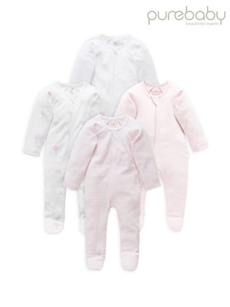 Pink - Purebaby Zip 100% Cotton Sleepsuits 4 Pack (168492) | 84 €