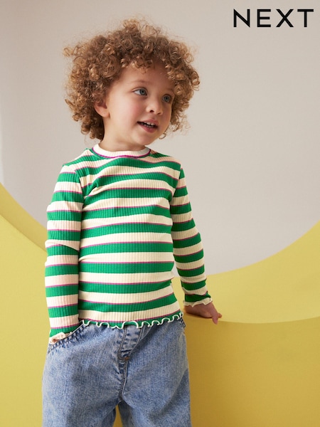 Green Stripe Cotton Rich Long Sleeve Ribbed High Neck T-Shirt (3mths-7yrs) (168520) | AED6 - AED8