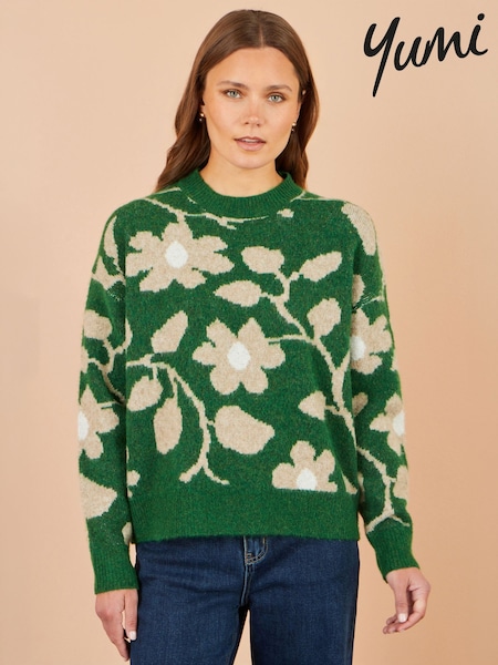 Green - Yumi Floral Intarsia Relaxed Fit Jumper