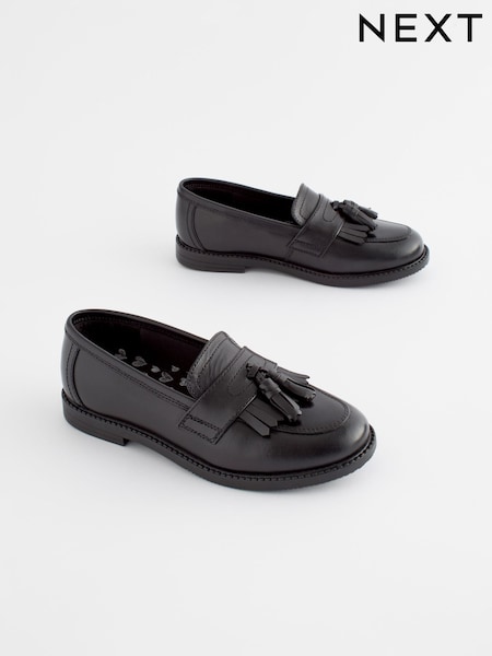 Matt Black Standard Fit (F) Leather Tassel Loafer School Shoes (168622) | €50 - €60