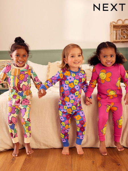 Pink/Blue/Cream Brights 3 Pack 100% Cotton Long Sleeve Printed Pyjamas (9mths-16yrs) (168770) | $90 - $110