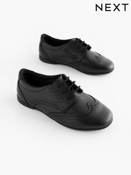 Matt Black Narrow Fit (E) Leather Brogue Lace-Up School Shoes (168900) | €41 - €51