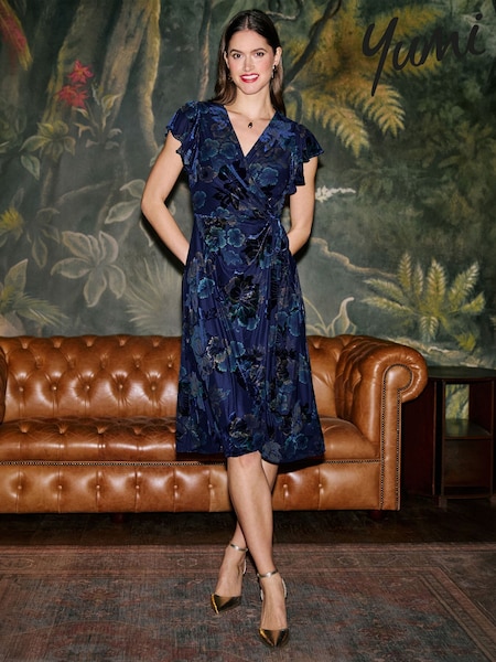 Blue - Yumi Velvet Floral Wrap Midi Dress