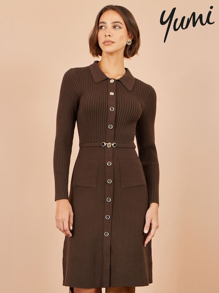 Smeđa - Yumi Rib Knit Midi Košulja haljina sa Snaffle Kaiševi