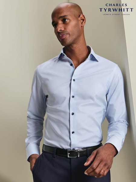 Sky Blue - Regular Charles Tyrwhitt Non-iron Stretch Printed Trim Shirt