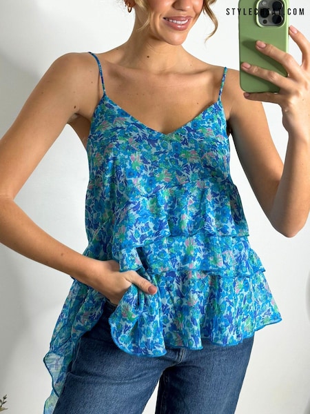Style Cheat Blue Catalina Ruffle Floral Chiffon Tiered Cami Blouse (169352) | €21.50