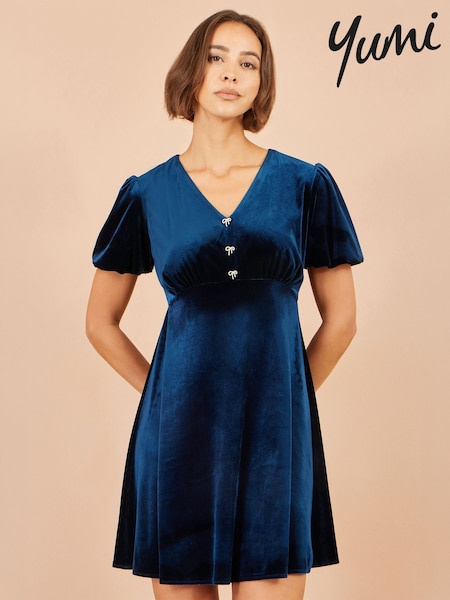 Azul - Vestido de terciopelo tipo skater con lazo de strass de Yumi