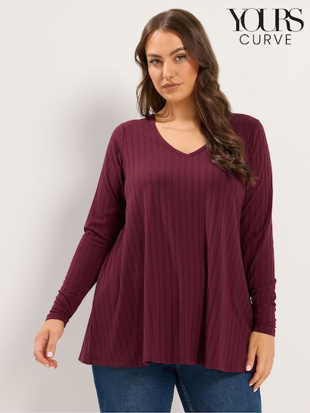 Red - Yours Curve Plunge Neck Ribbed Swing T-shirt