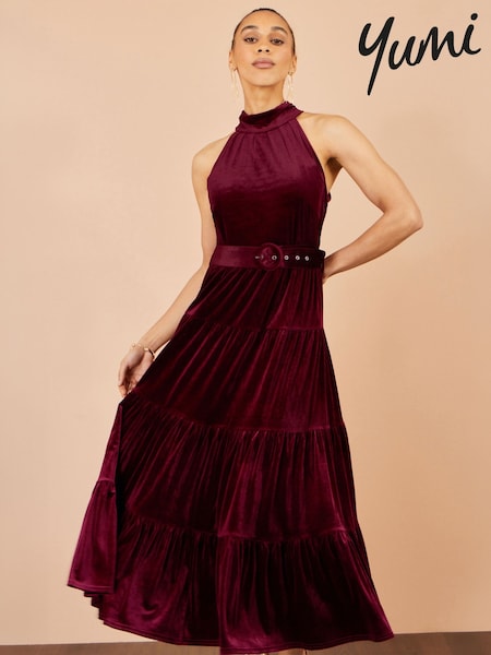 Red - Yumi Velvet Halter Midi Dress With Belt