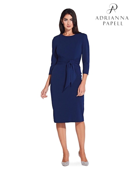 Adrianna Papell Blue Knit Crepe Tie Waist Sheath Dress (171465) | 638 QAR