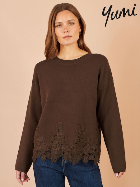 Brown - Yumi Relaxed Jumper With Lace Trim